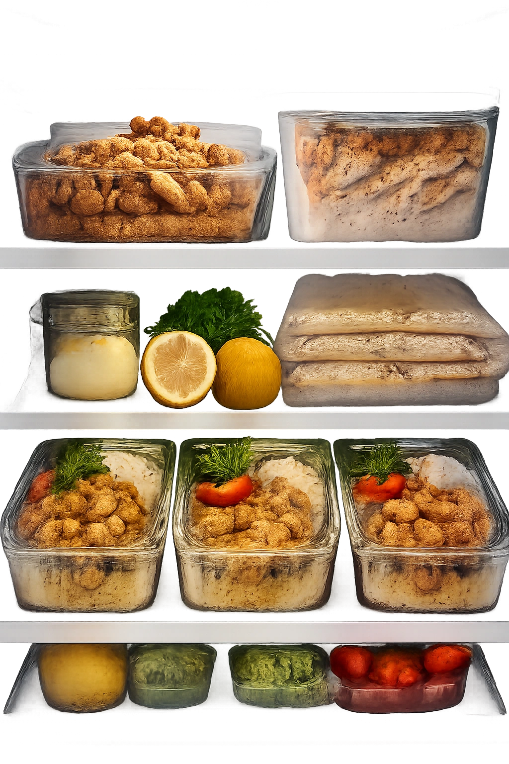Chilled containers of cooked chicken shawarma in a fridge for storage