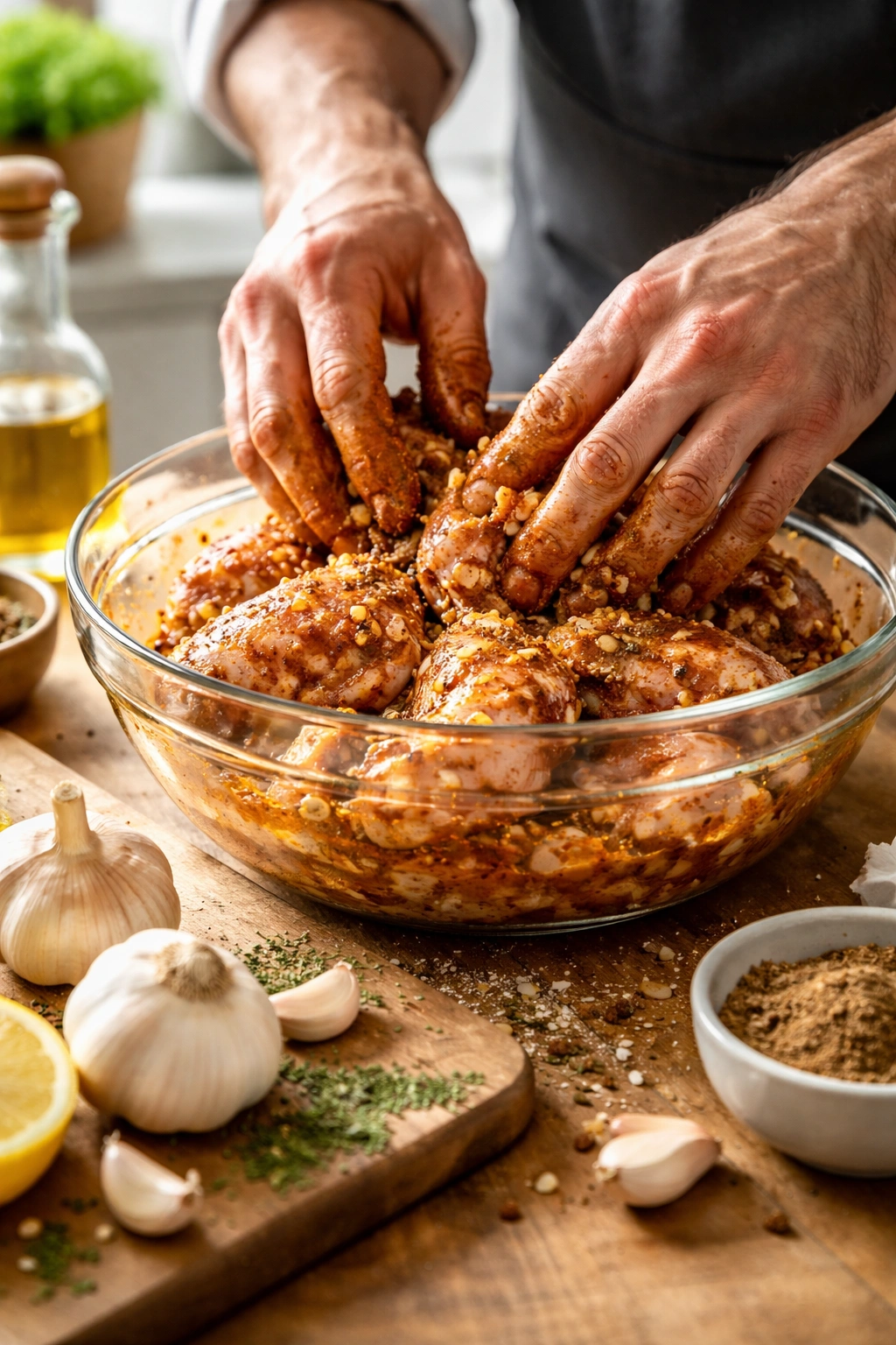 Hands seasoning marinated chicken in a bowl with garlic nearby