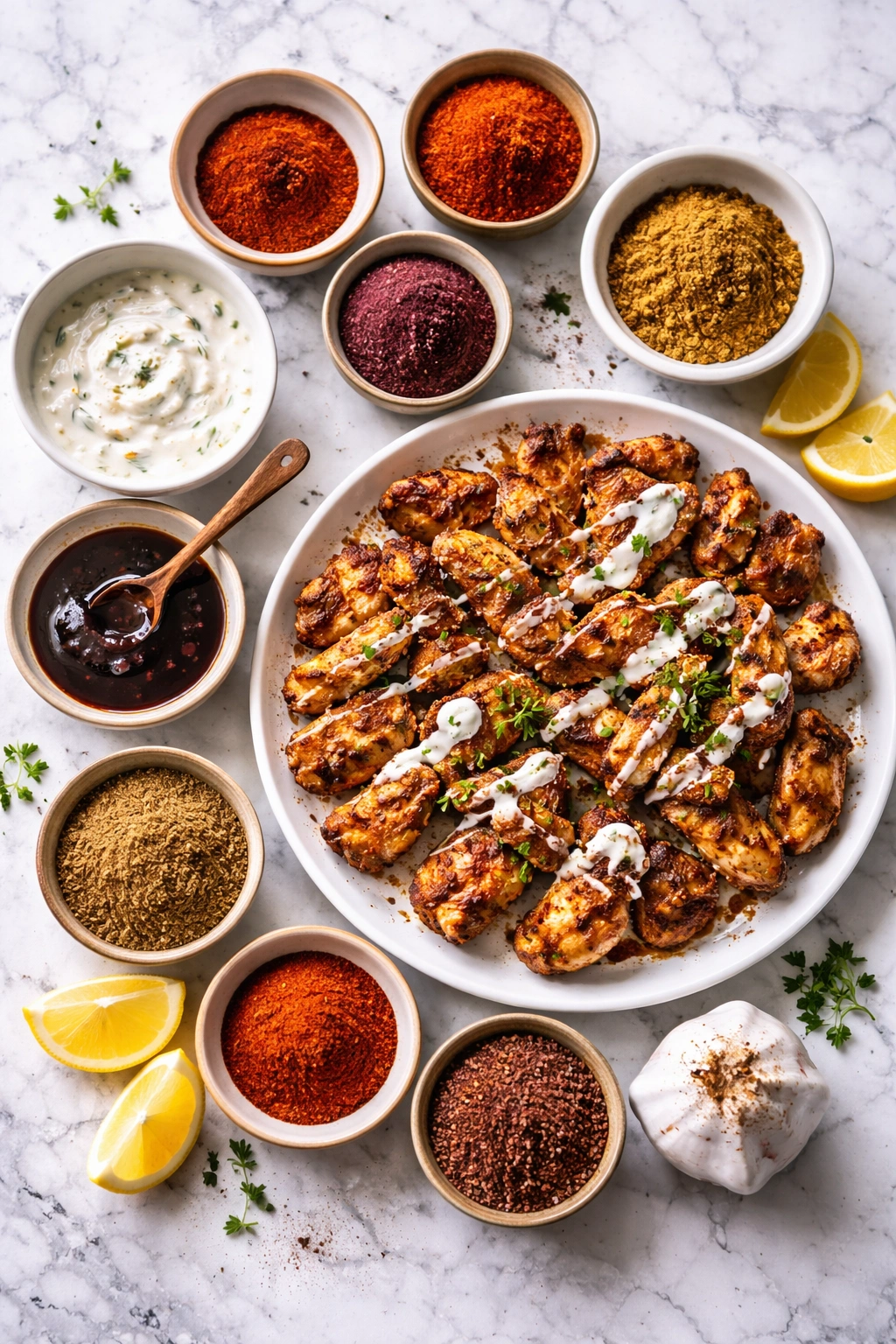 Chicken with assorted spice bowls around it illustrating flavor variations