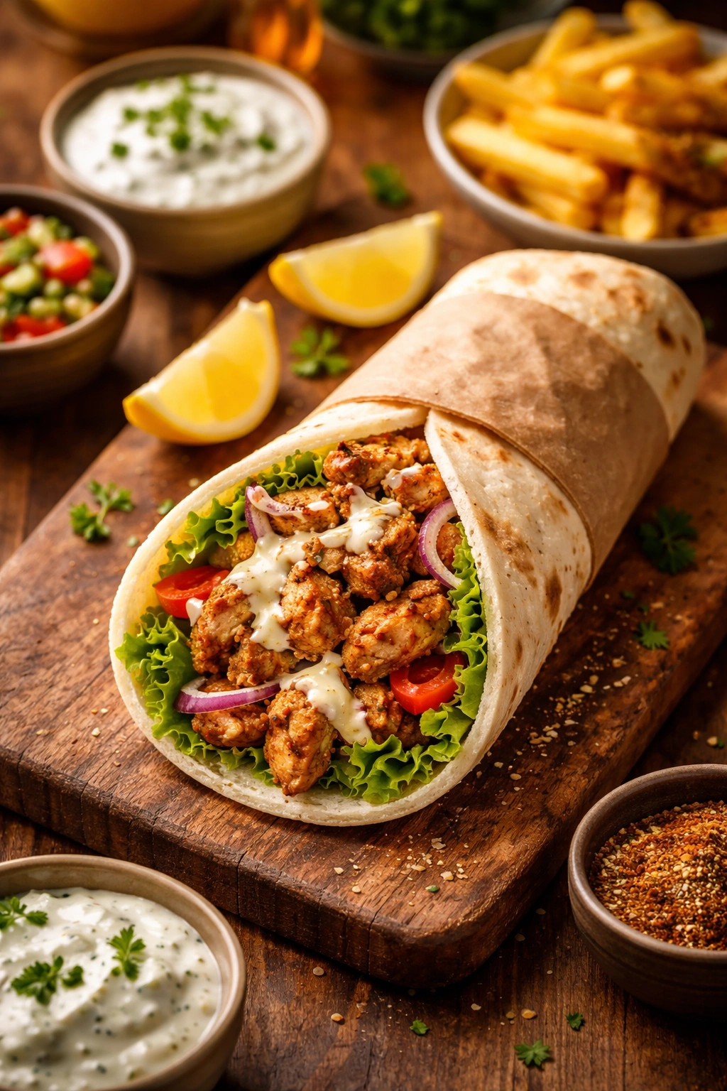 Close-up of a shawarma wrap prepared for serving on a wooden board