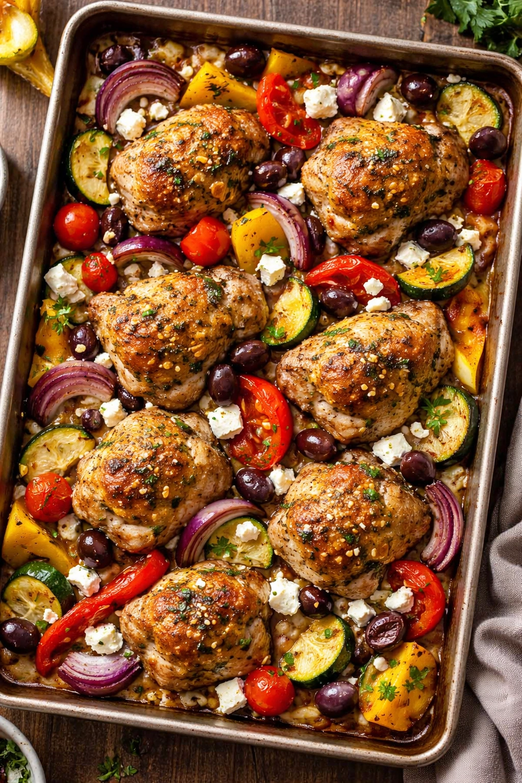 Sheet pan Greek chicken with roasted vegetables and feta on a roasting tray