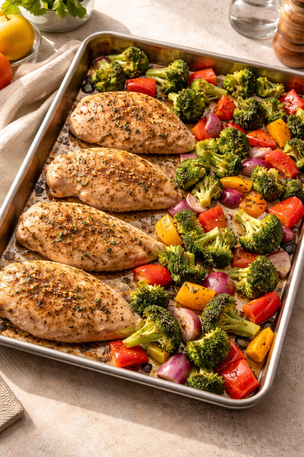 Sheet pan with chicken and roasted vegetables ready to bake