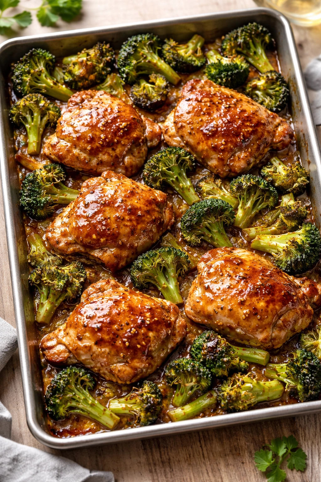 Close-up of sheet-pan honey mustard chicken and broccoli with glossy glaze and caramelized stems