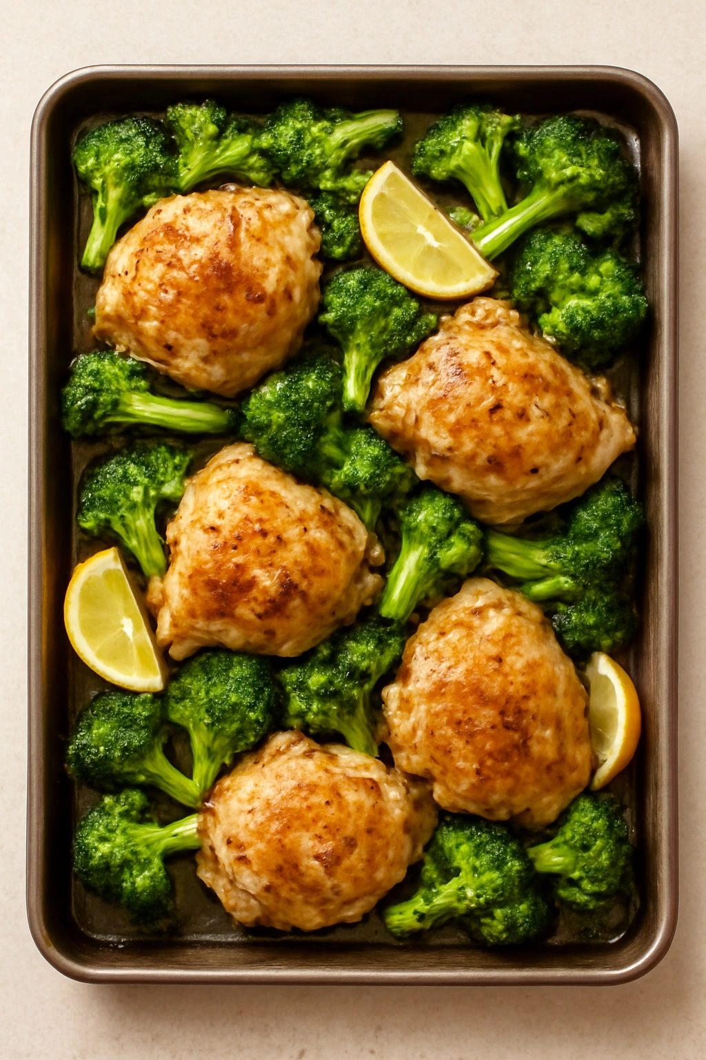 Sheet pan lemon garlic chicken with roasted broccoli, golden chicken skin and caramelized broccoli