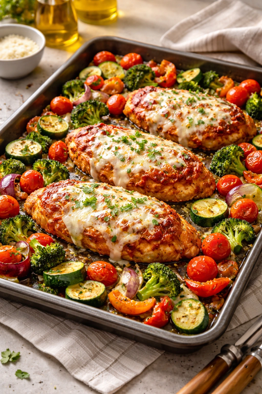 Sheet Pan Chicken Parmesan with Roasted Vegetables on baking sheet