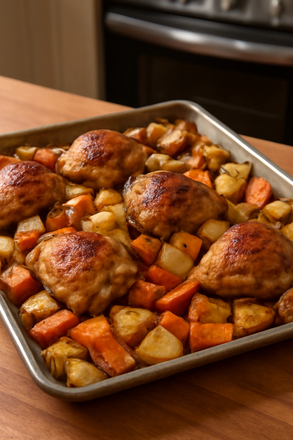 Sheet pan chicken and roasted vegetables on a parchment-lined sheet pan in a warm kitchen.