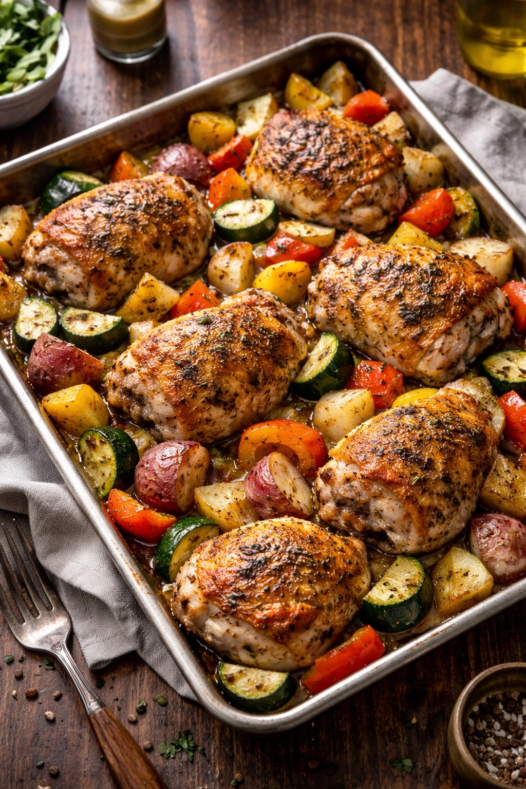 Sheet pan chicken thighs with roasted potatoes, zucchini, and peppers on a pan