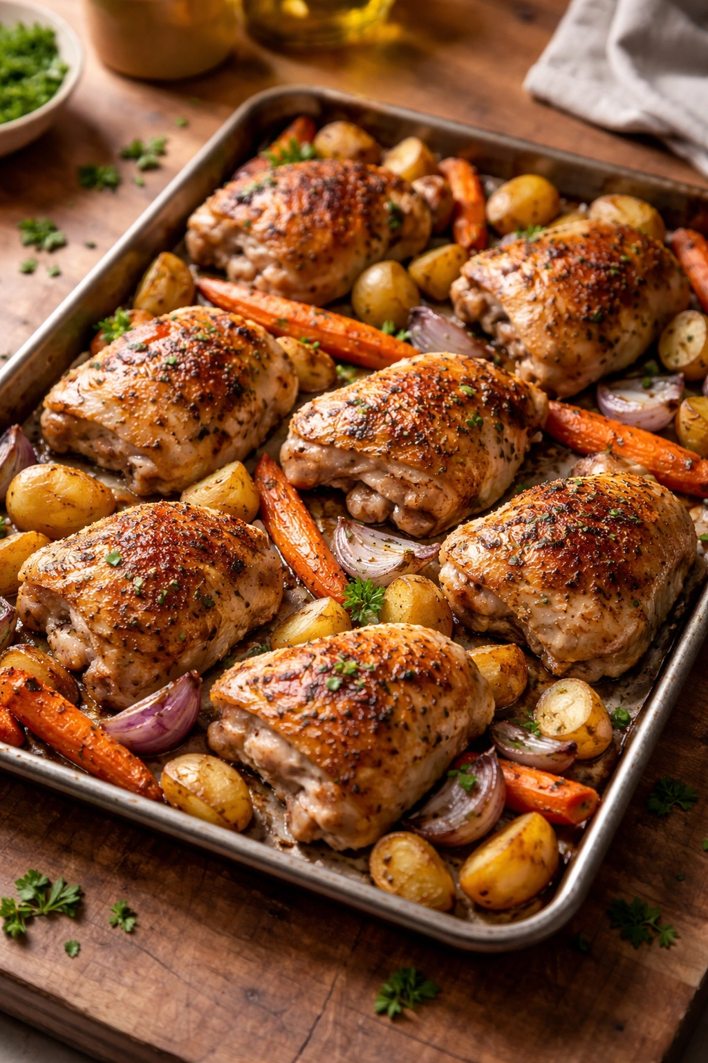 Sheet pan with bone-in chicken thighs and roasted vegetables on a tray