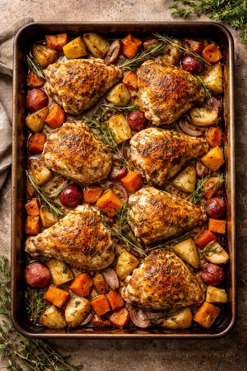 Sheet pan chicken with root vegetables roasted to golden brown on a single tray
