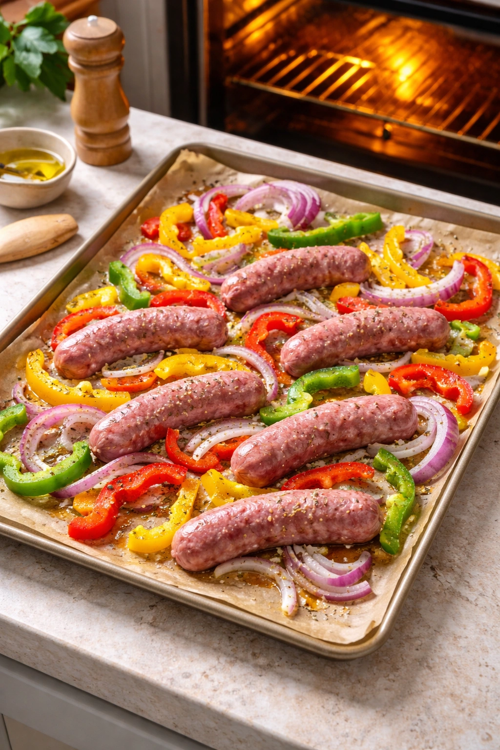 Sheet pan with sausage and peppers arranged for roasting