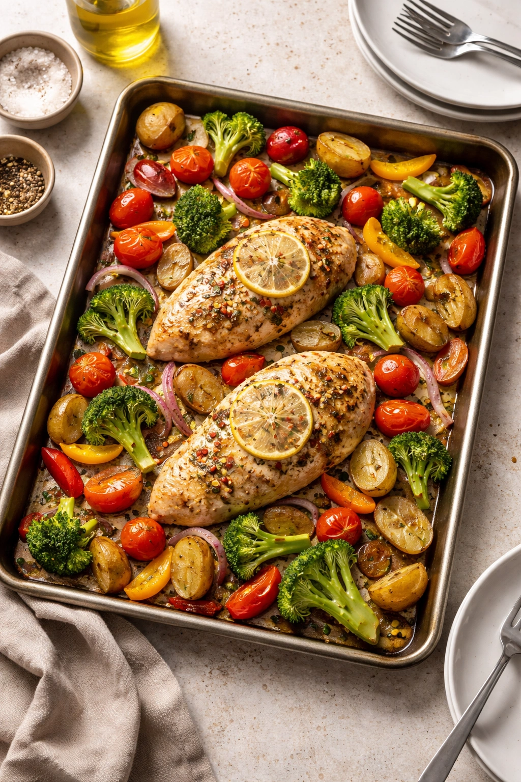 Sheet pan dinner with protein and vegetables in a single tray
