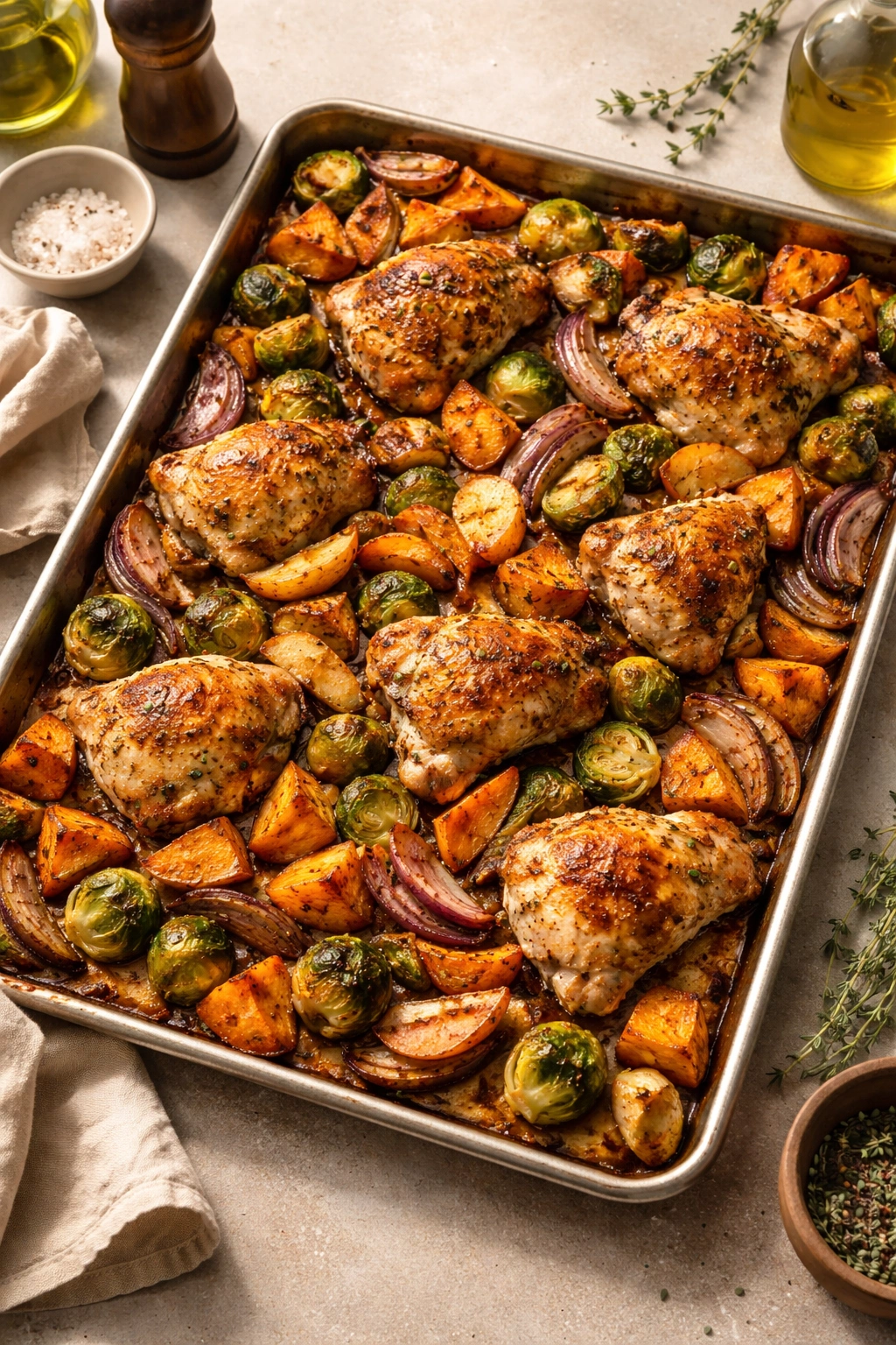 Top-down view of a sheet pan with roasted chicken and vegetables, caramelized edges.