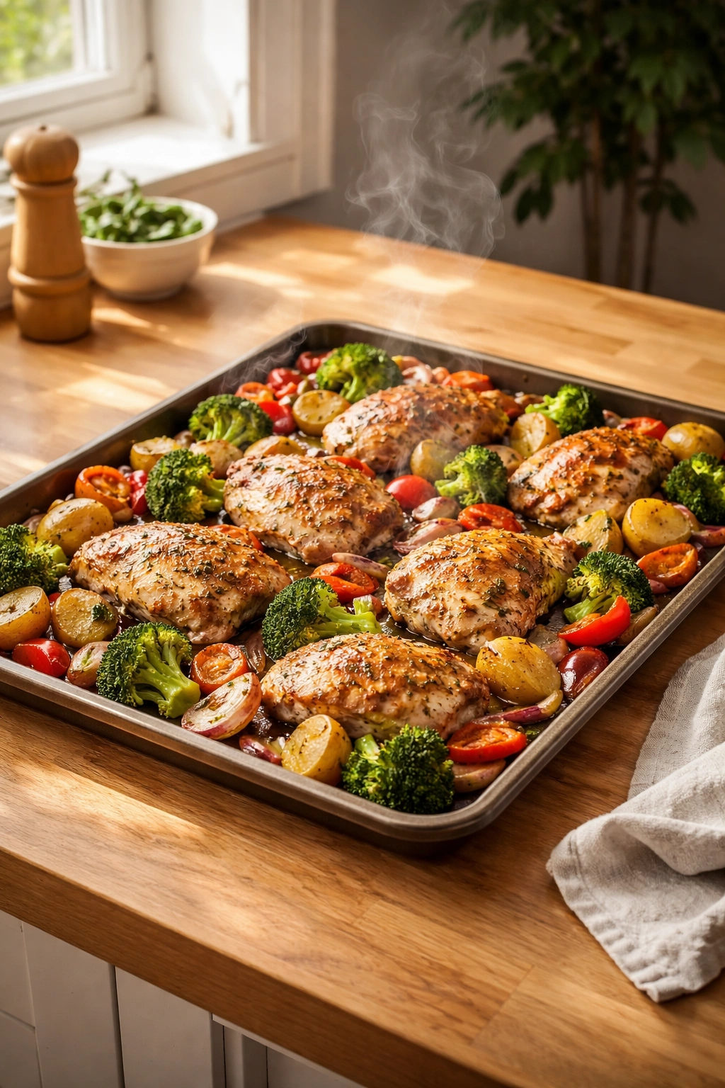 Single sheet pan with roasted chicken and vegetables on a clean countertop, no clutter