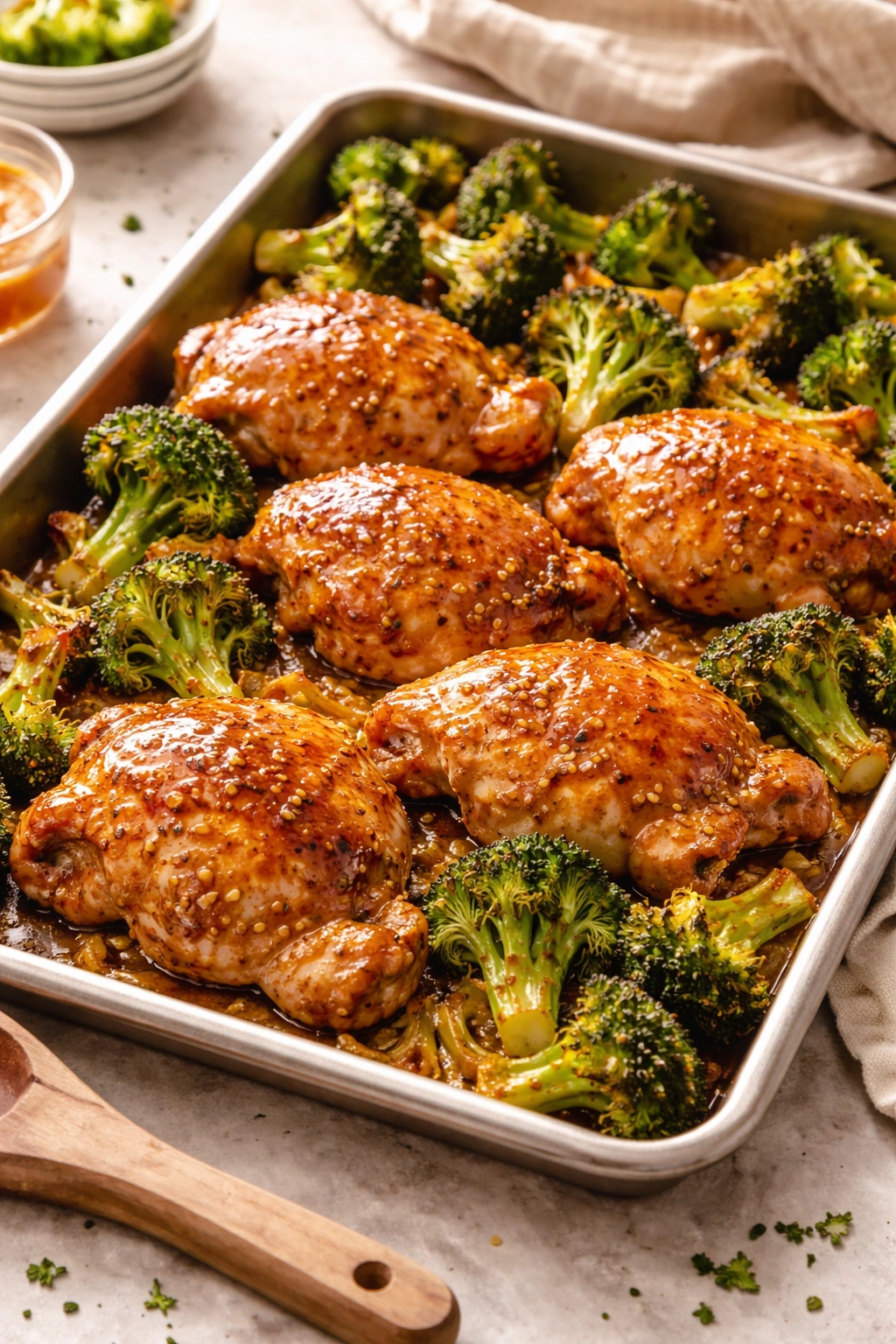 Sheet Pan Honey Mustard Chicken and Roasted Broccoli on a tray with glaze and broccoli