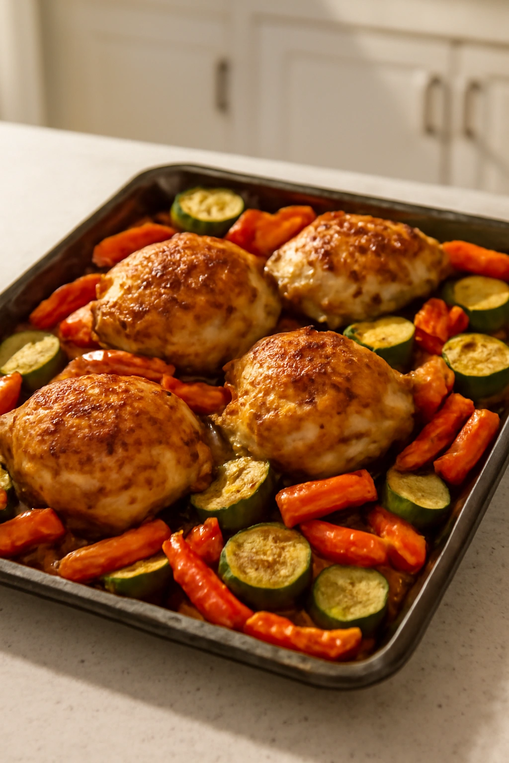 Sheet pan dinner with roasted vegetables and chicken on a single pan