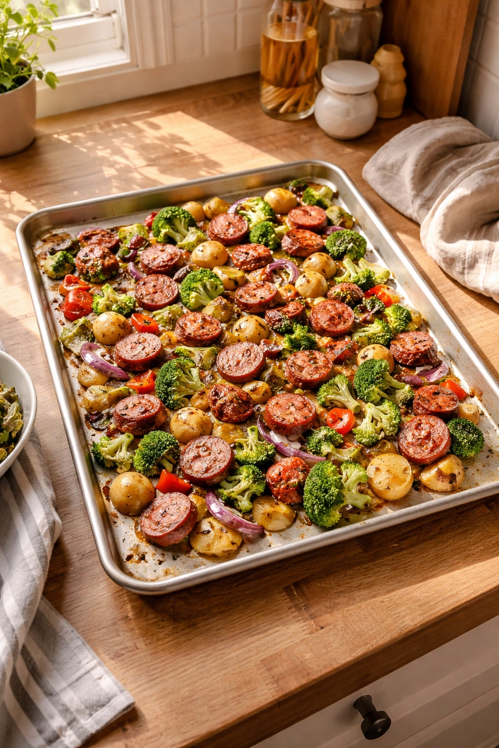 Sheet pan dinner with sausages and vegetables roasting on parchment