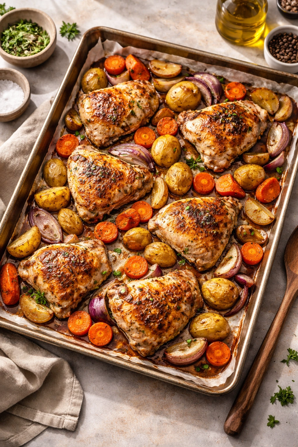 Overhead sheet pan with roasted chicken, carrots, potatoes, and onions