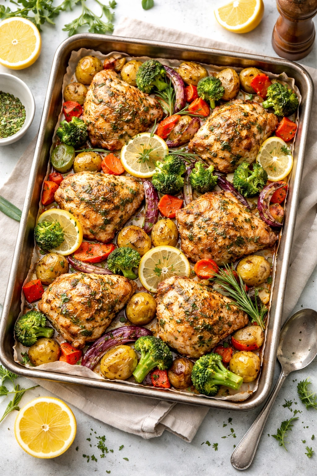 Sheet pan dinner with roasted chicken and vegetables on parchment