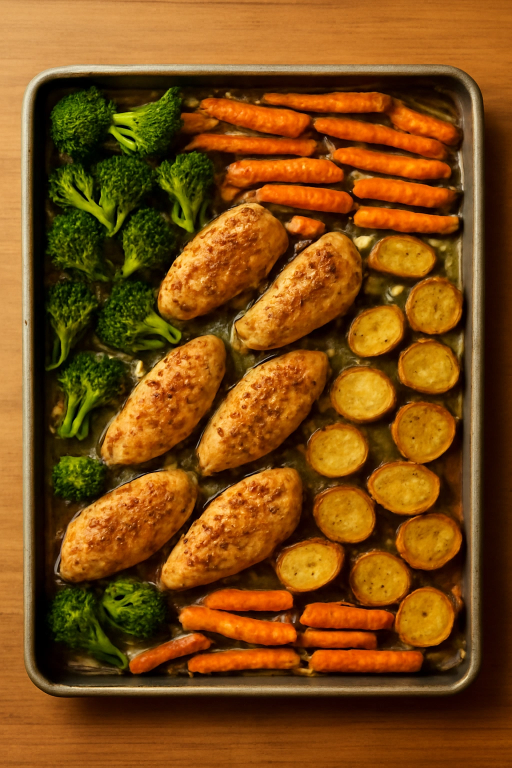 Sheet pan dinner with roasted protein and vegetables on a single sheet pan