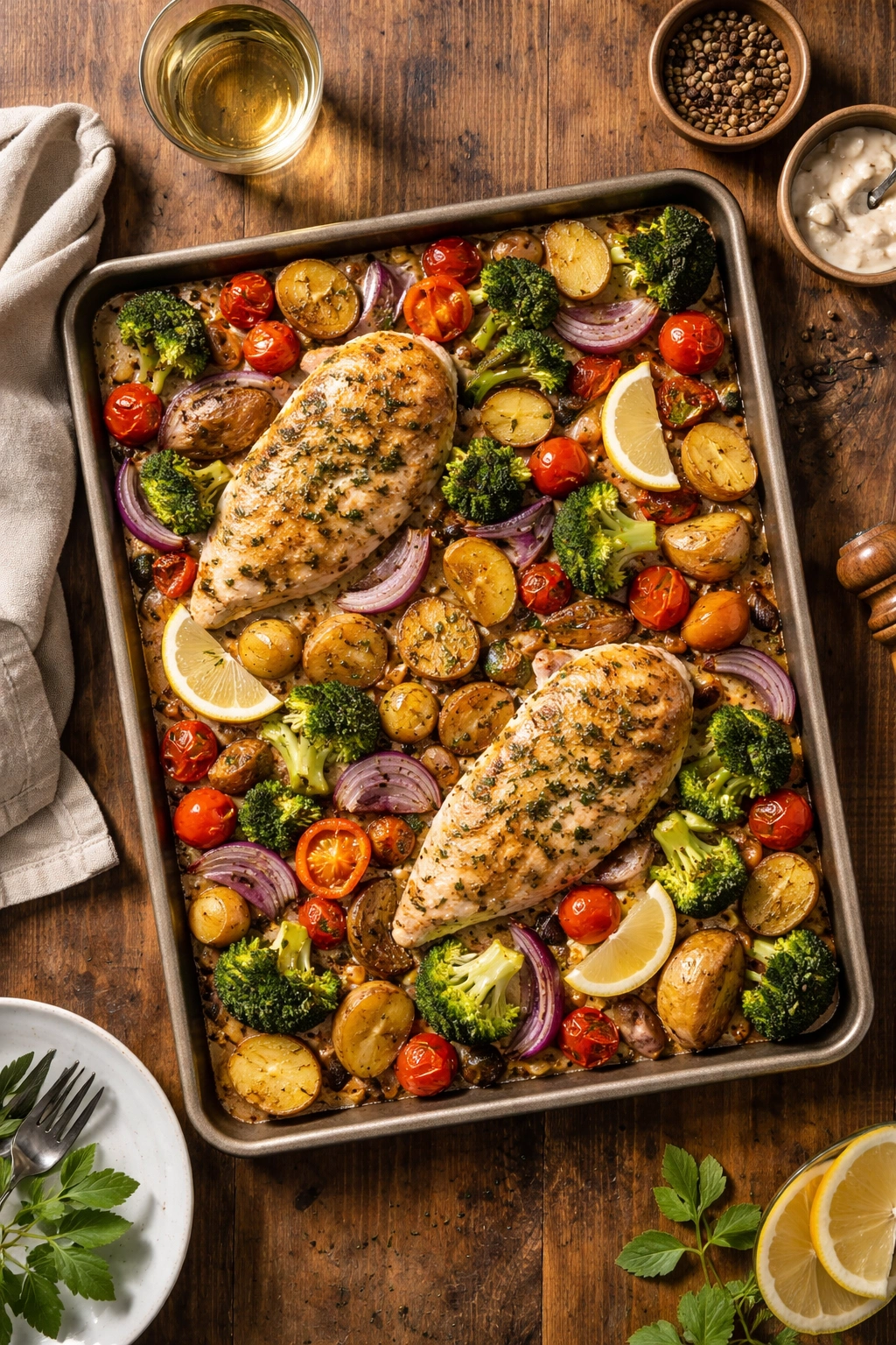 Sheet pan dinner with roasted chicken and vegetables for two, overhead view