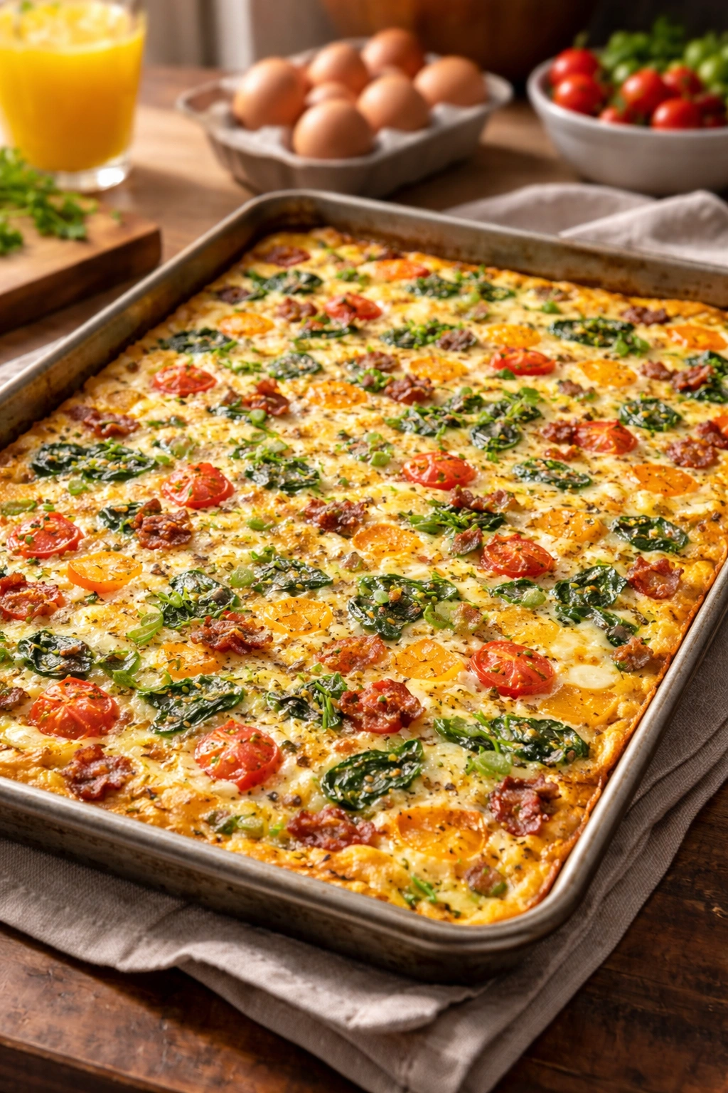 Close-up of sheet pan eggs with custard-like texture and golden edges on a baking sheet