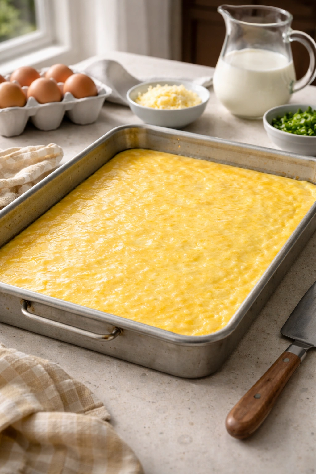 Plain sheet pan eggs evenly set in a buttered baking dish