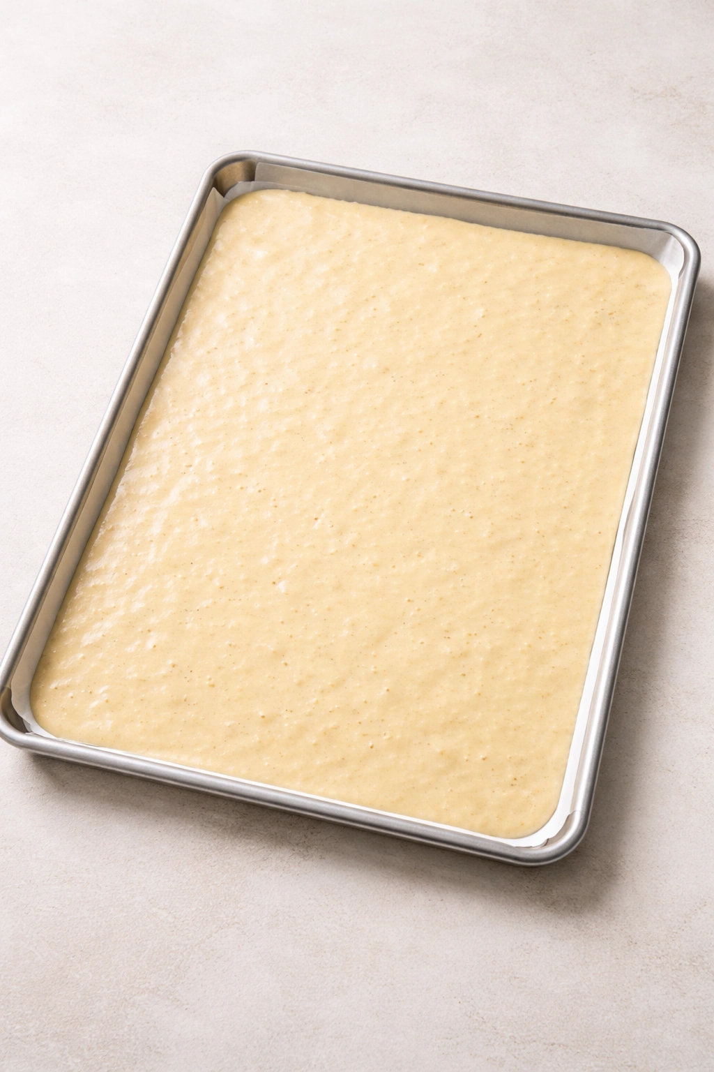 Sheet pan with evenly spread batter ready for baking