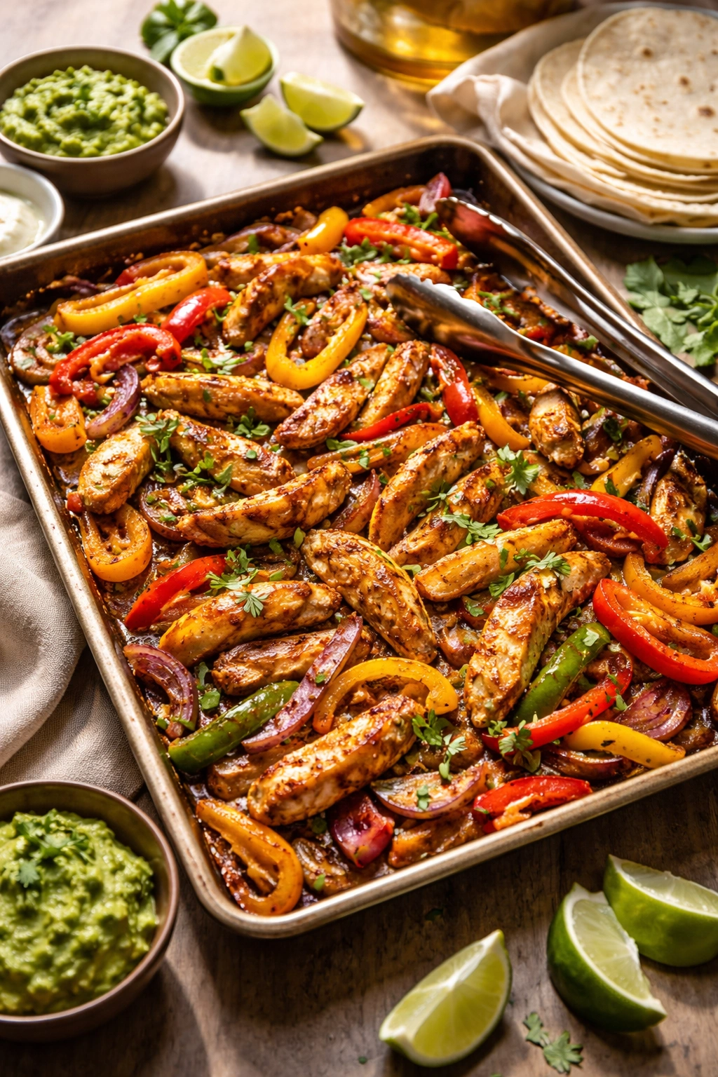 Sheet pan fajitas with chicken and peppers on a single pan