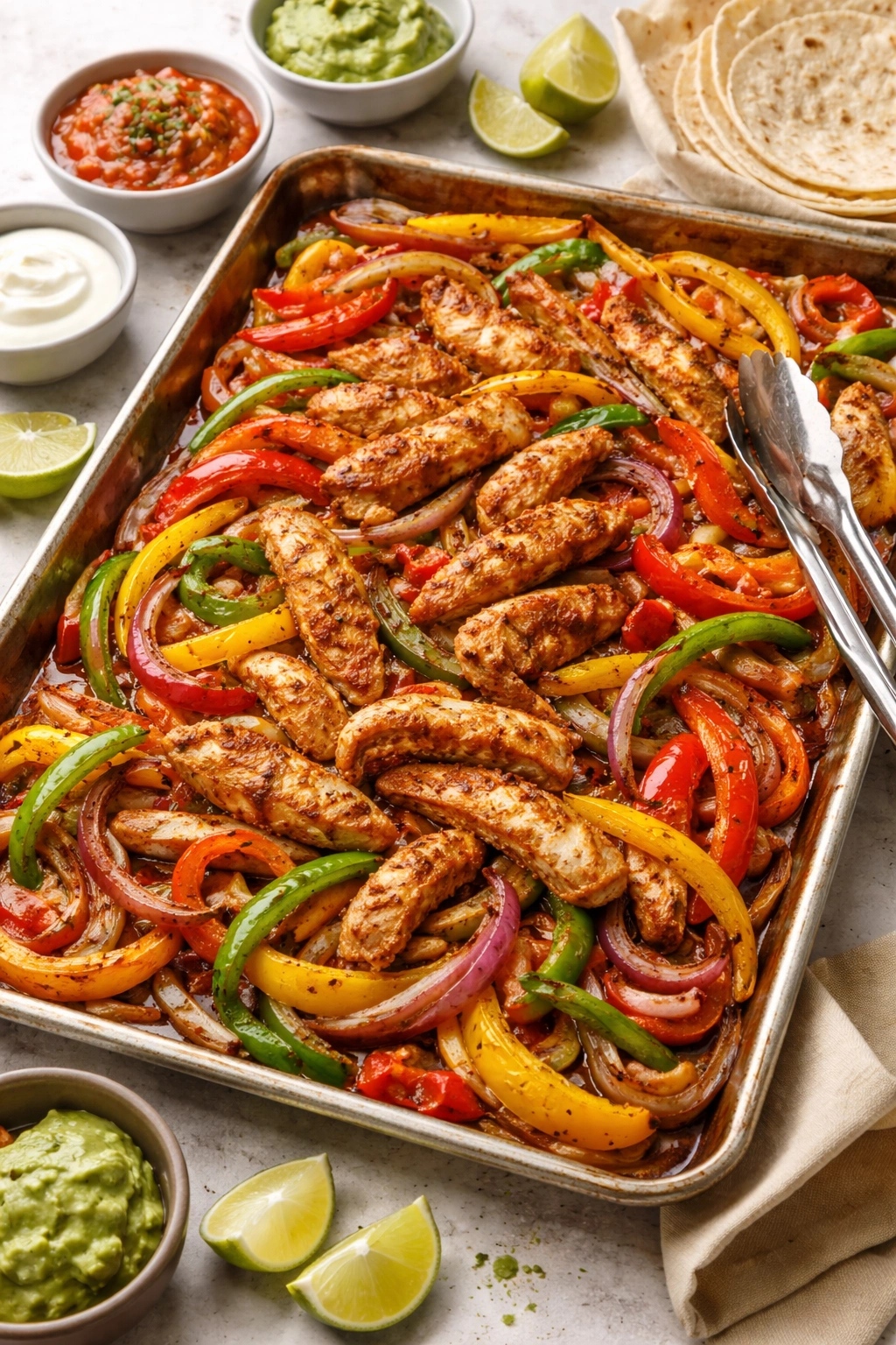Sliced chicken with peppers and onions on sheet pan