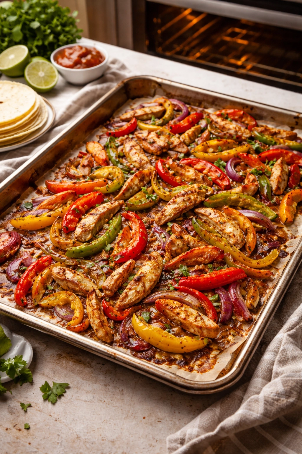 Close-up of sheet pan fajitas with roasted chicken, peppers, and onions.