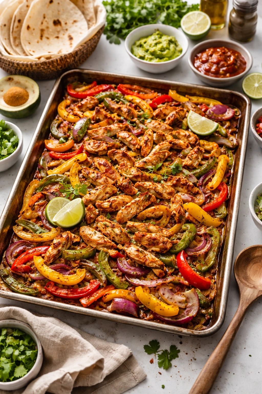 Sheet pan fajitas ready for serving with peppers and onions