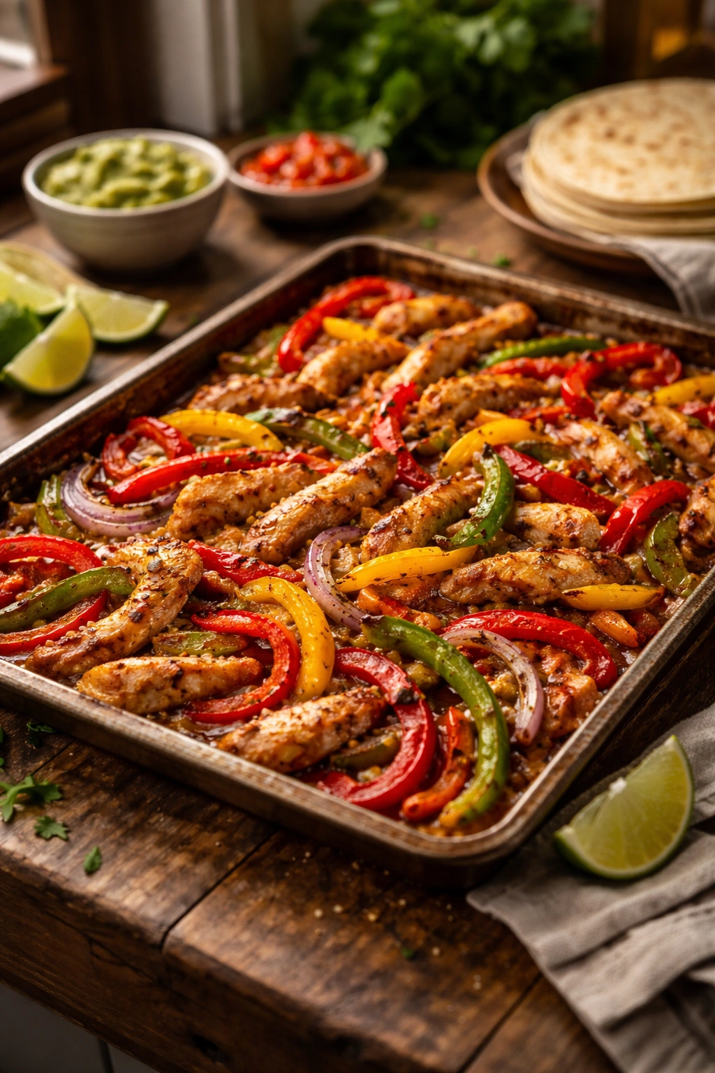 Close up of colorful sheet pan fajitas with chicken, peppers, and onions on a baking sheet