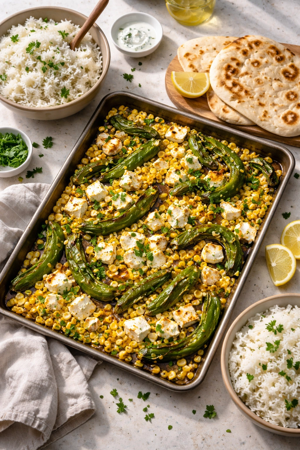 Sheet pan feta corn shishito peppers with rice or naan