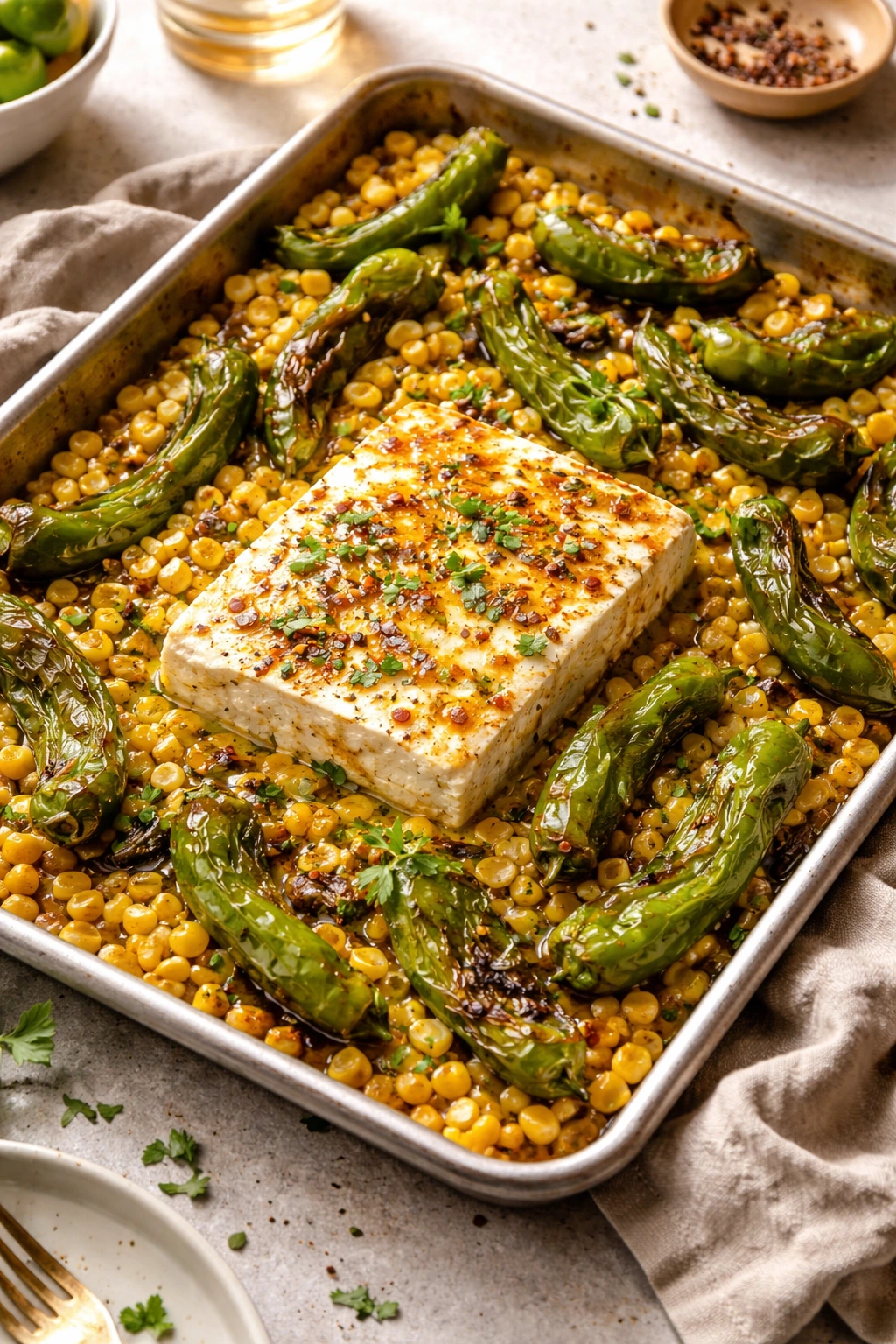Close-up of roasted sheet-pan feta with corn and shishito peppers