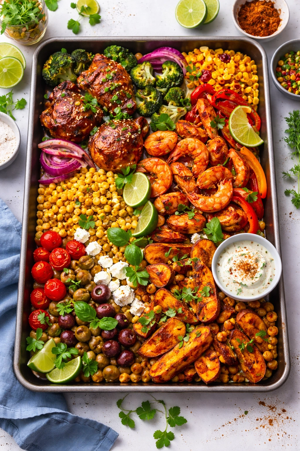 Colorful sheet pan with a mix of global-flavor ingredients arranged for roasting in a bright kitchen
