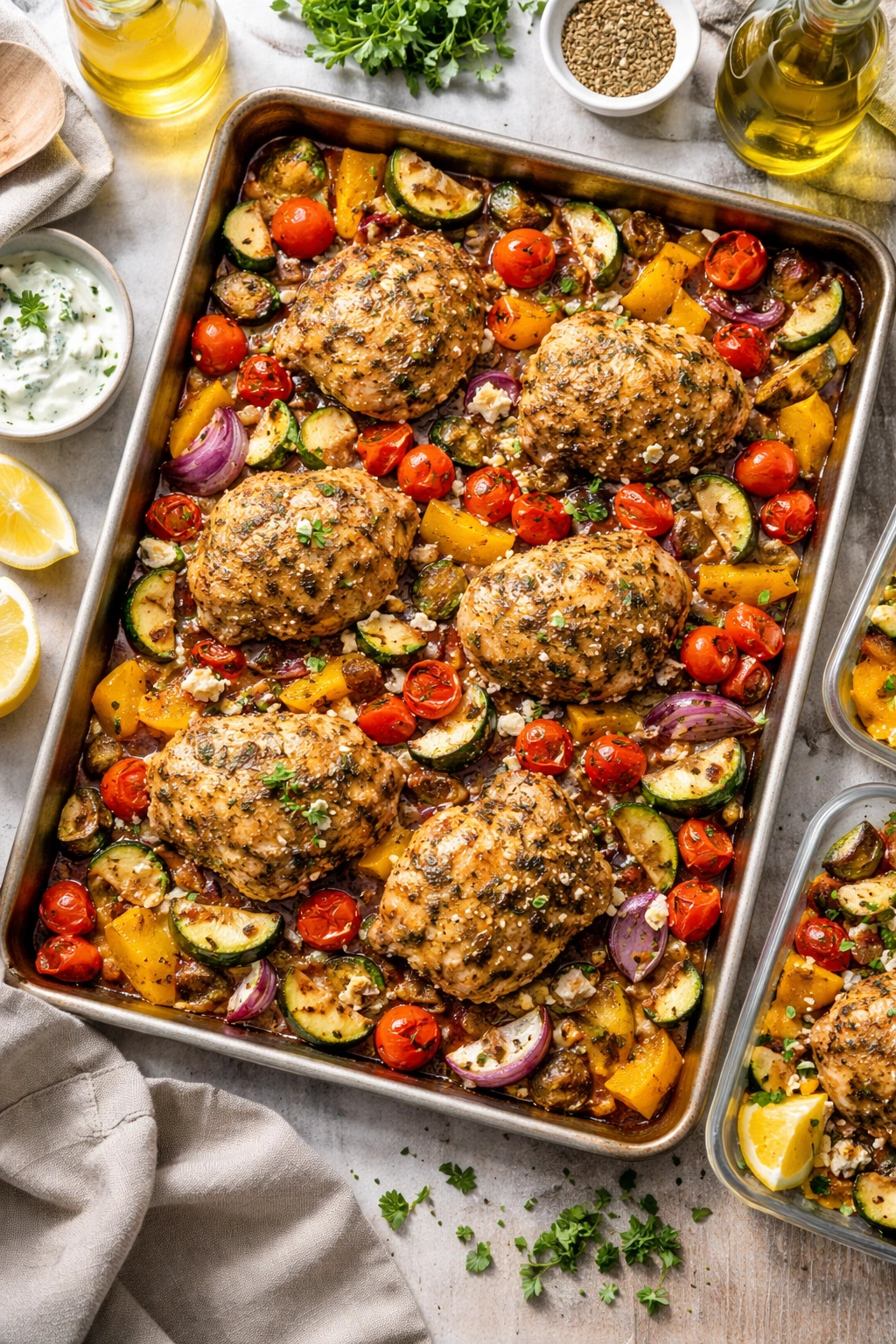 Sheet pan Greek chicken with roasted vegetables ready for meal prep