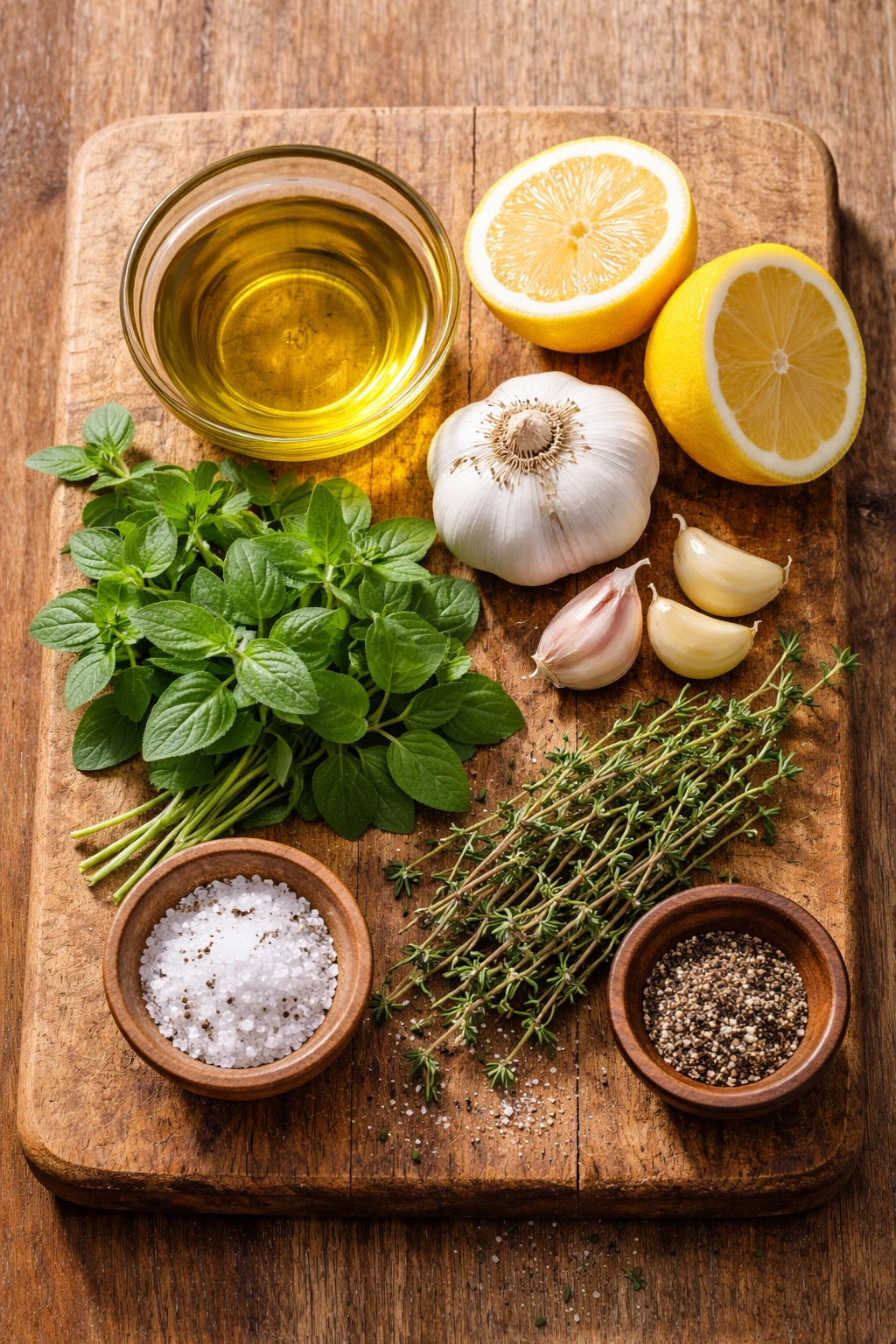 Ingredients laid out for sheet pan Greek chicken