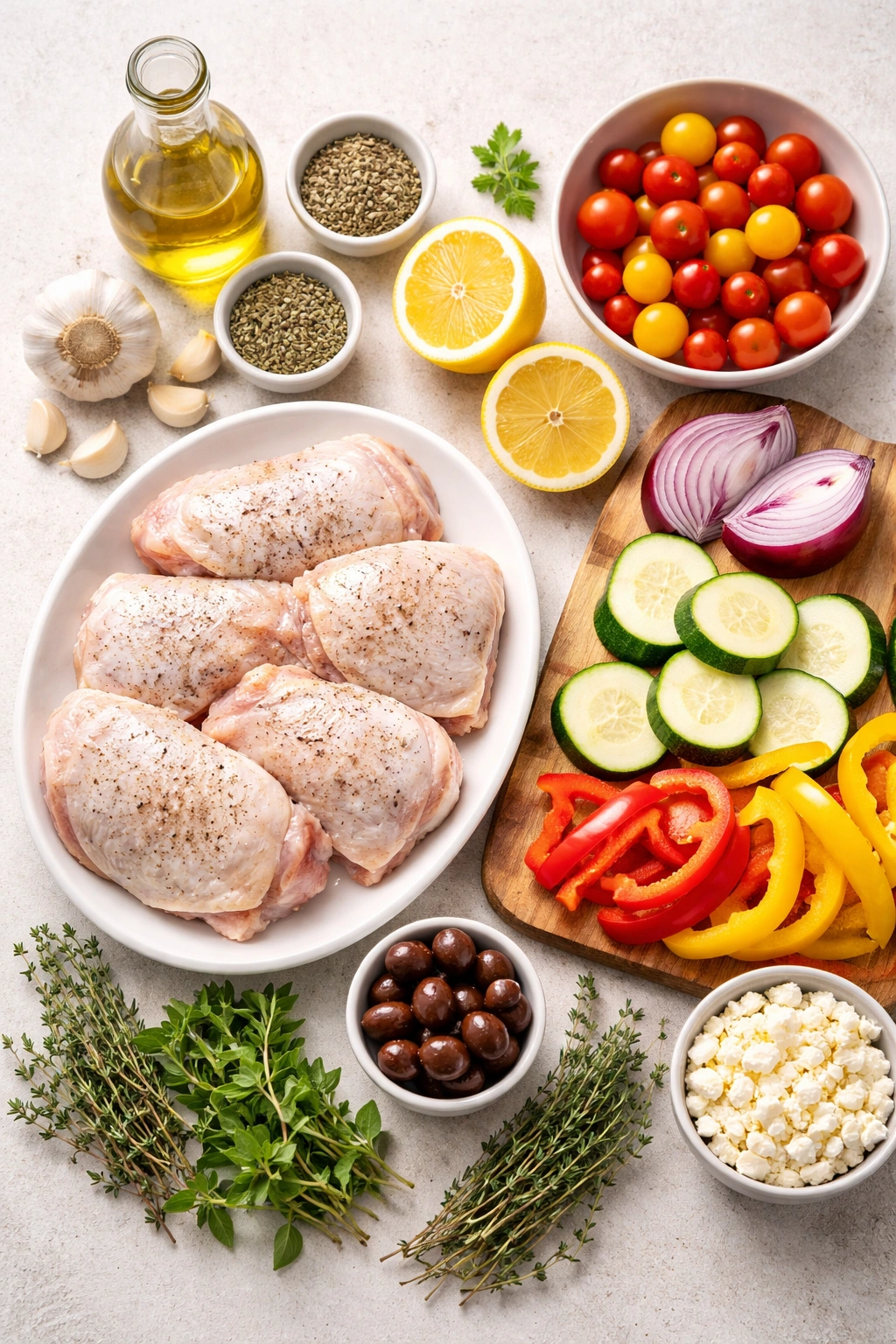 Ingredients spread for sheet pan greek chicken