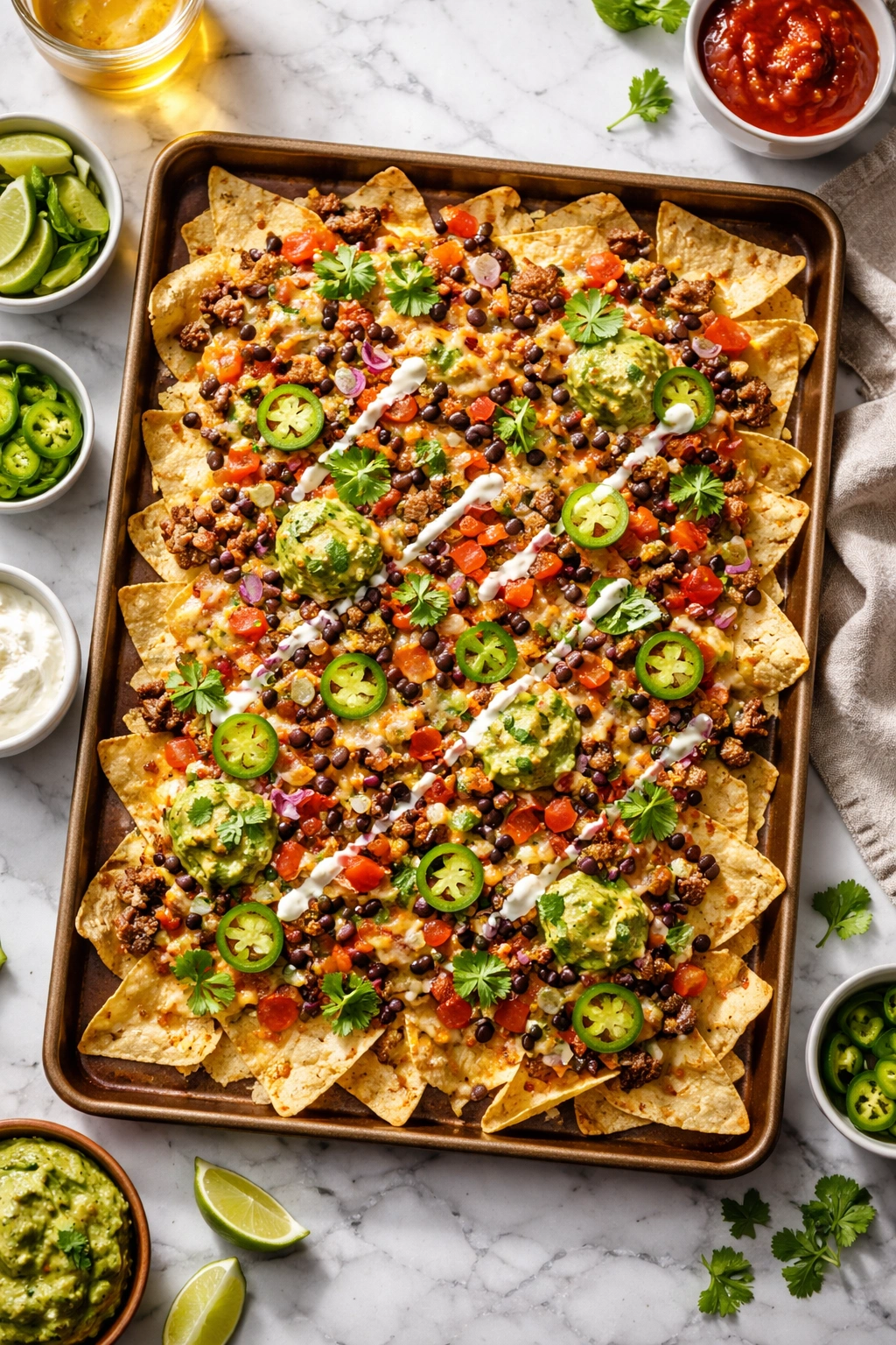 Top-down sheet pan nachos with melted cheese and toppings on a kitchen counter