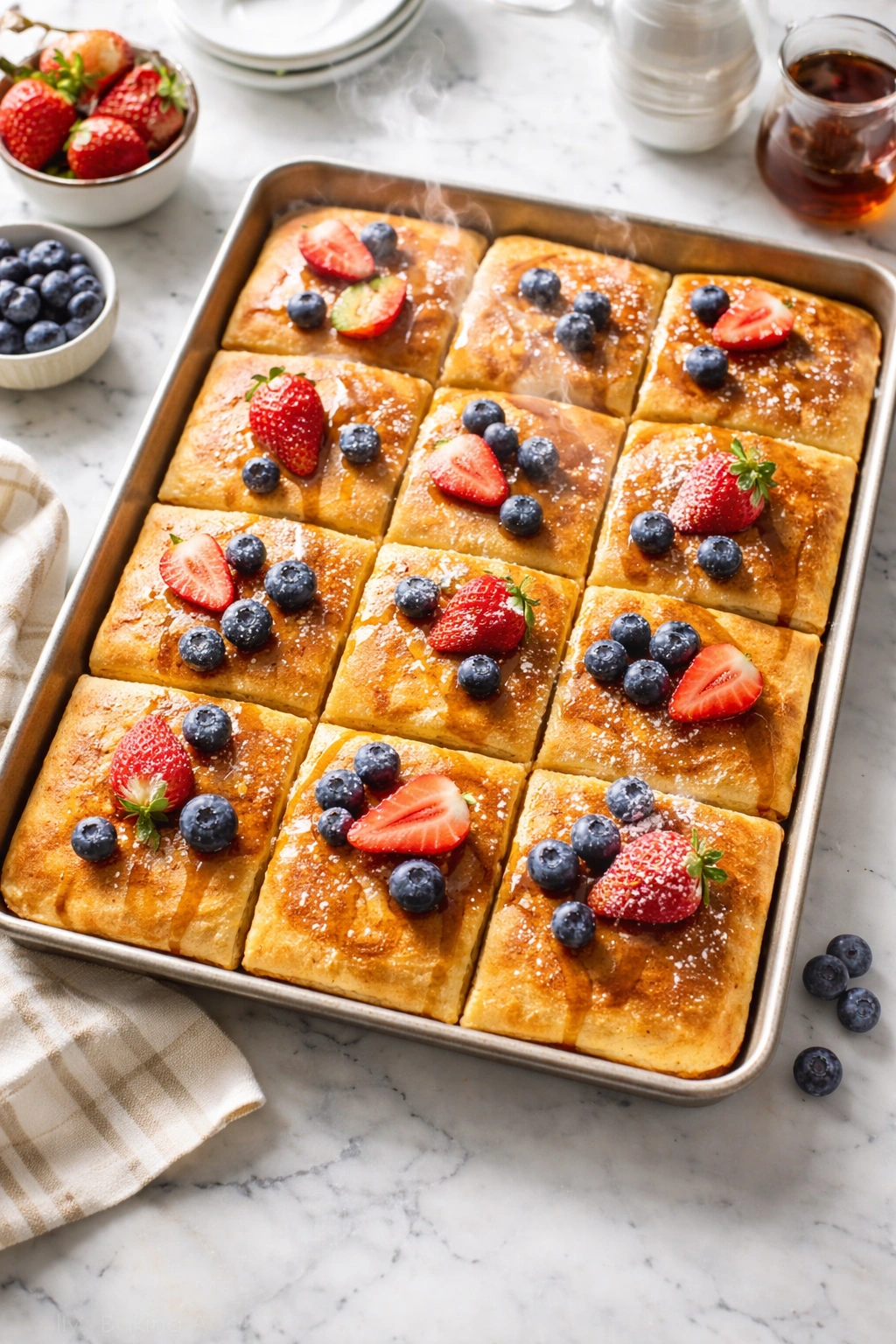 Sheet pan with 12 pancake squares and gentle steam in bright kitchen