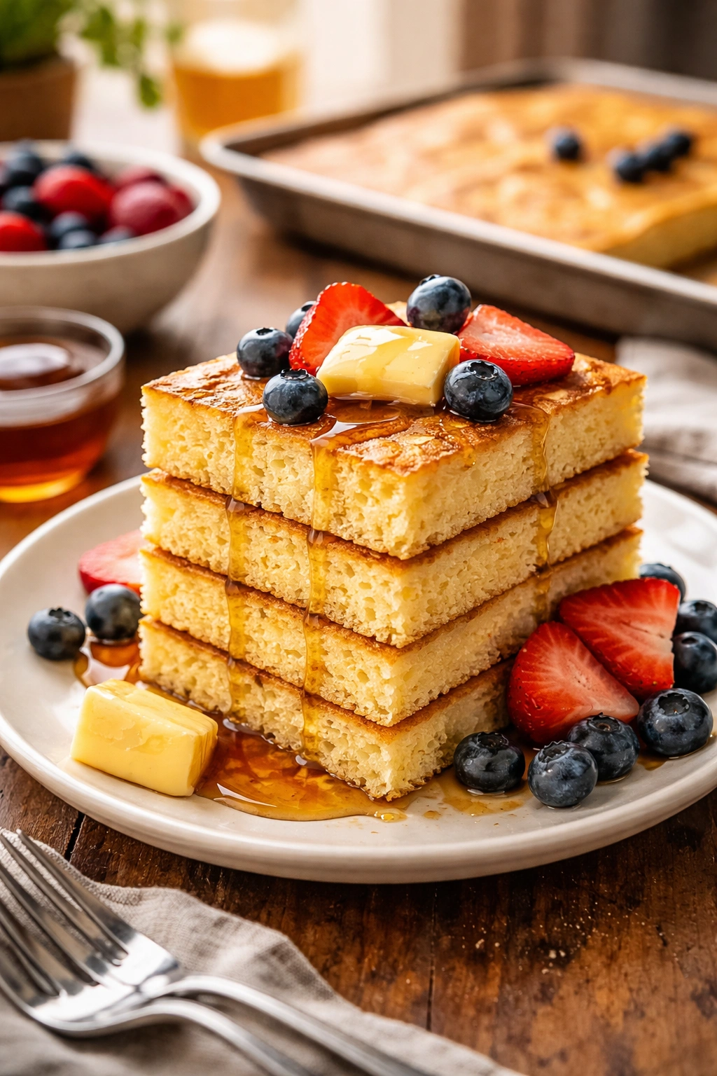 Plated sheet pan pancakes with butter on a brunch table