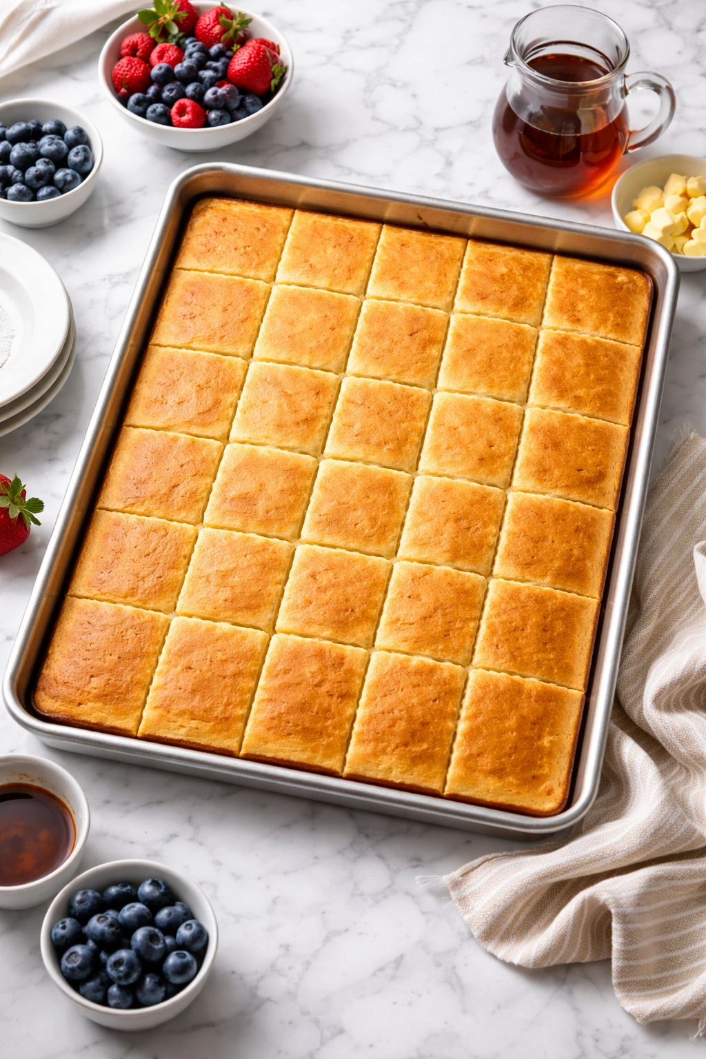 Top-down view of a sheet pan with golden pancake squares in a bright kitchen