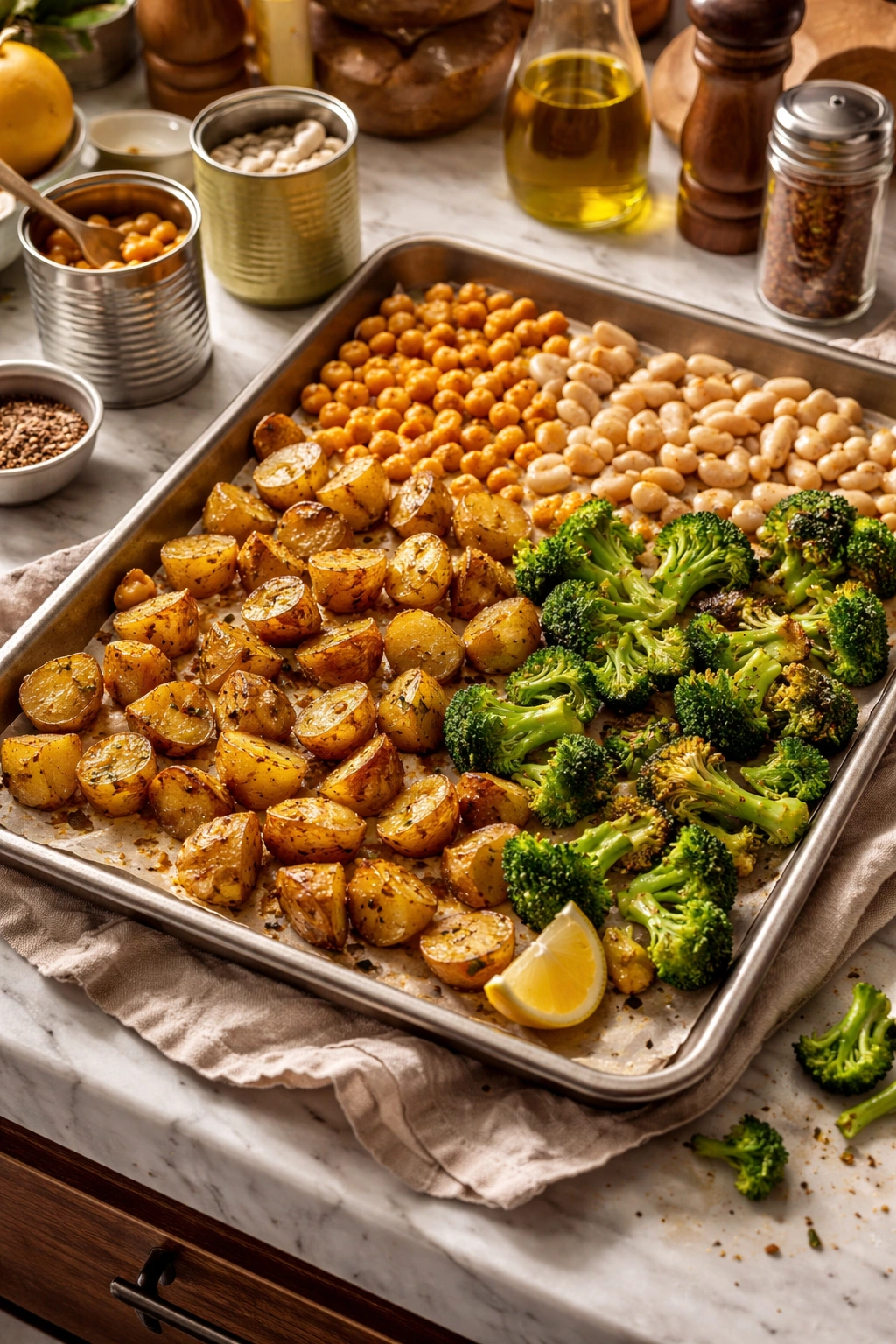 Sheet pan with roasted potatoes, beans, and broccoli on a kitchen counter