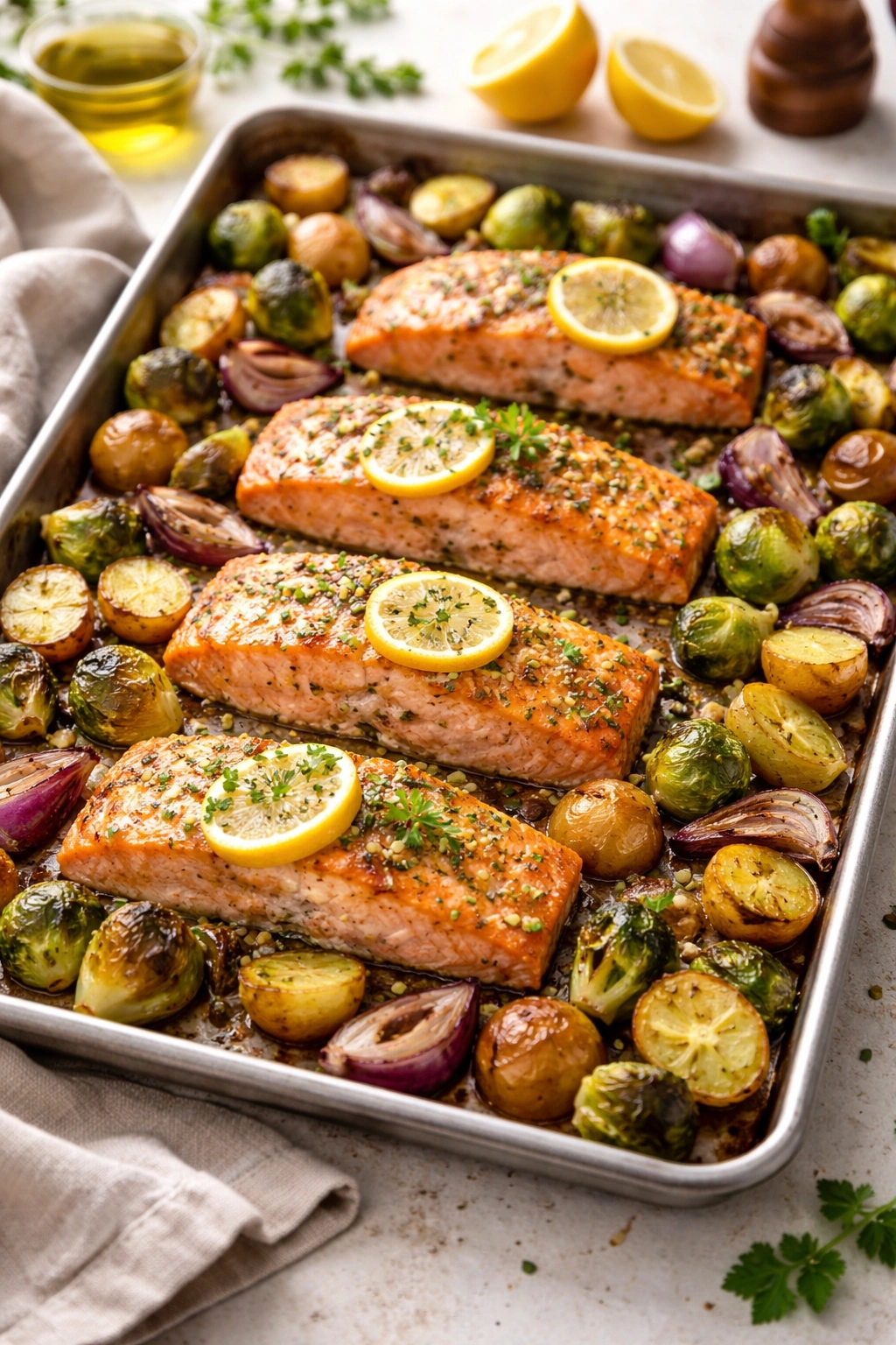 Salmon fillets with roasted vegetables on a sheet pan