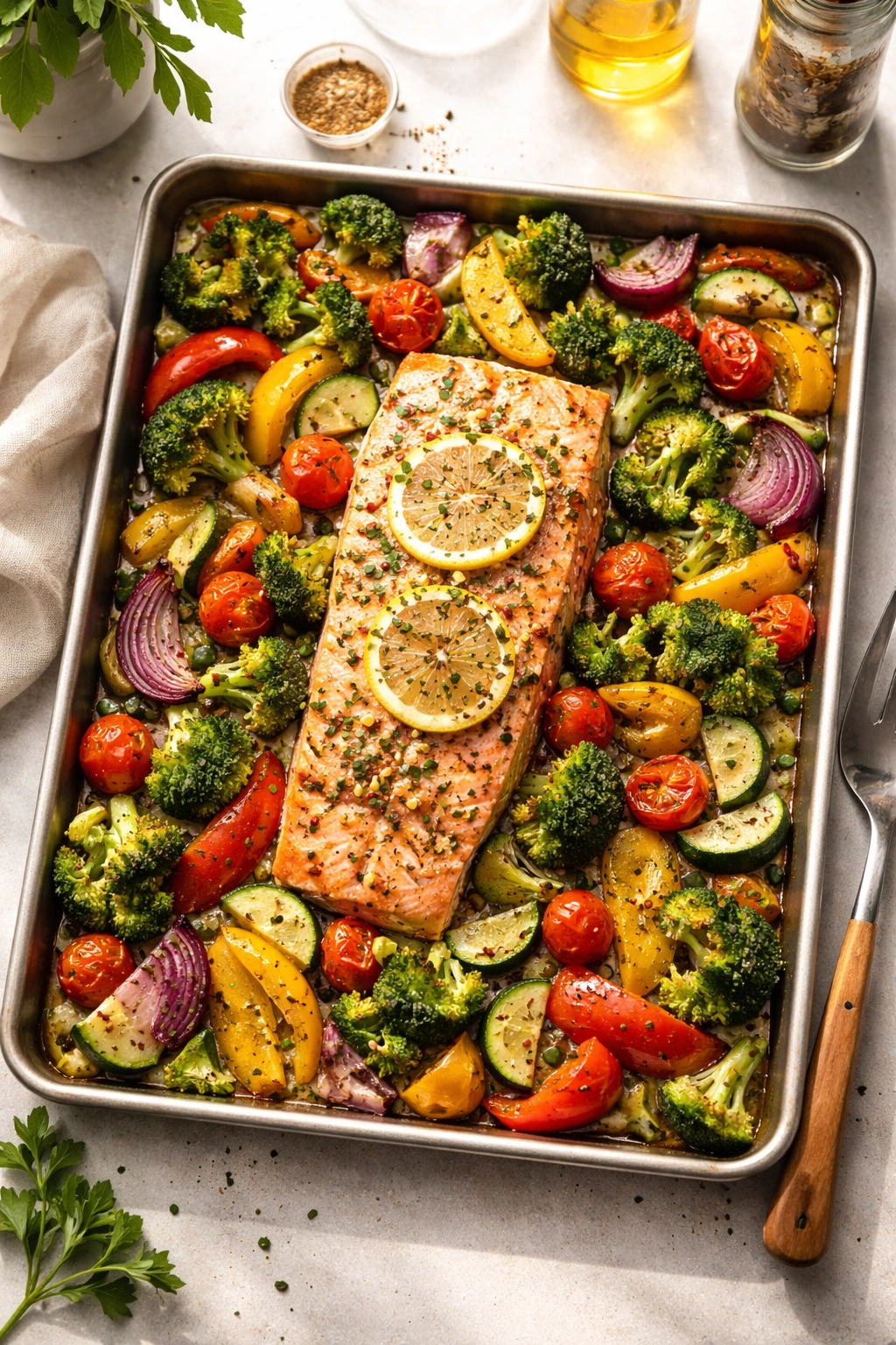 Sheet pan with roasted salmon and vegetables on a kitchen counter
