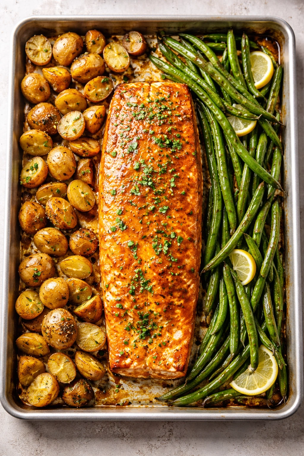 Sheet pan with salmon and roasted potatoes and green beans.