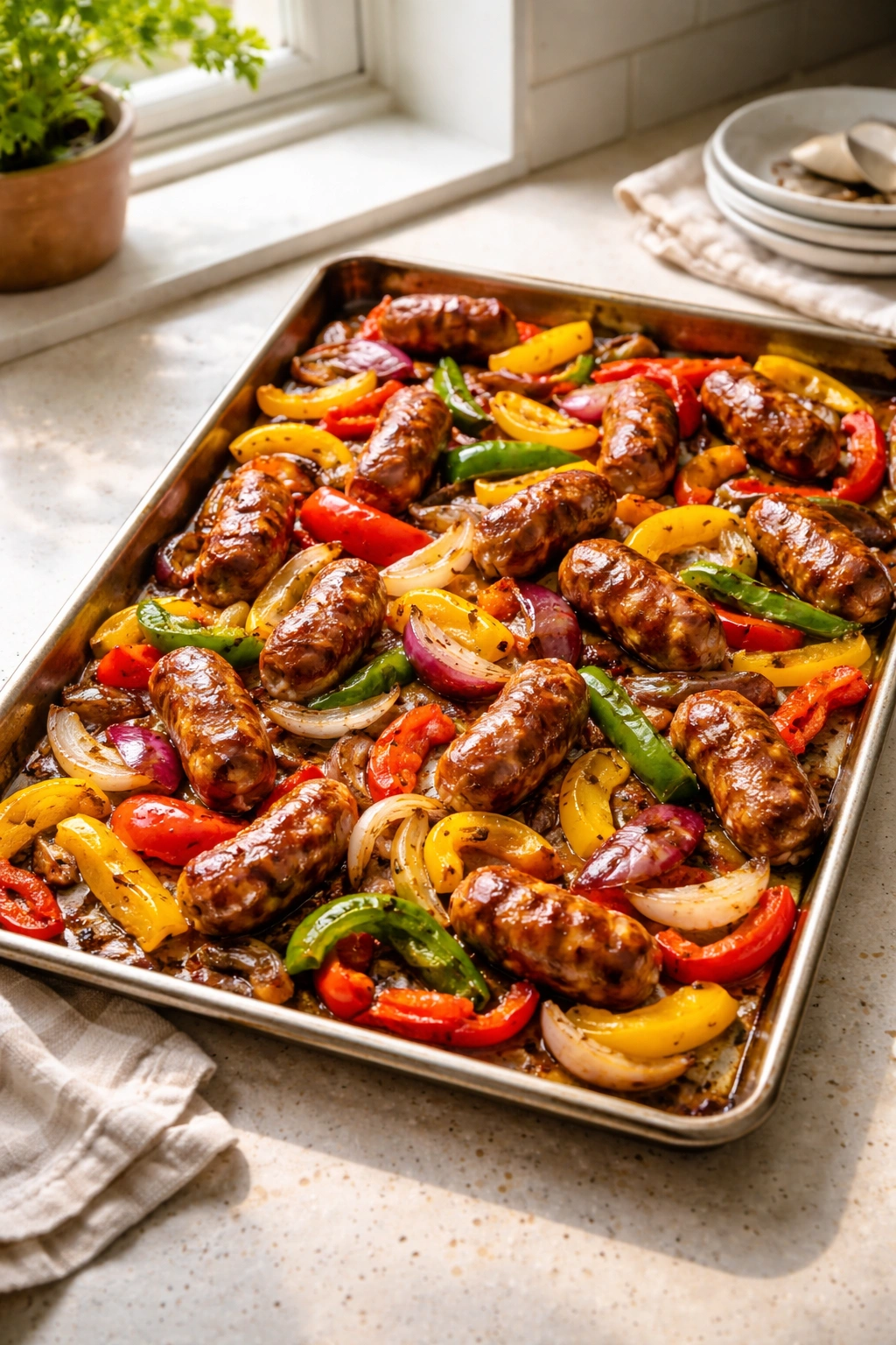 Sheet pan sausage and peppers on a kitchen counter, ready to roast