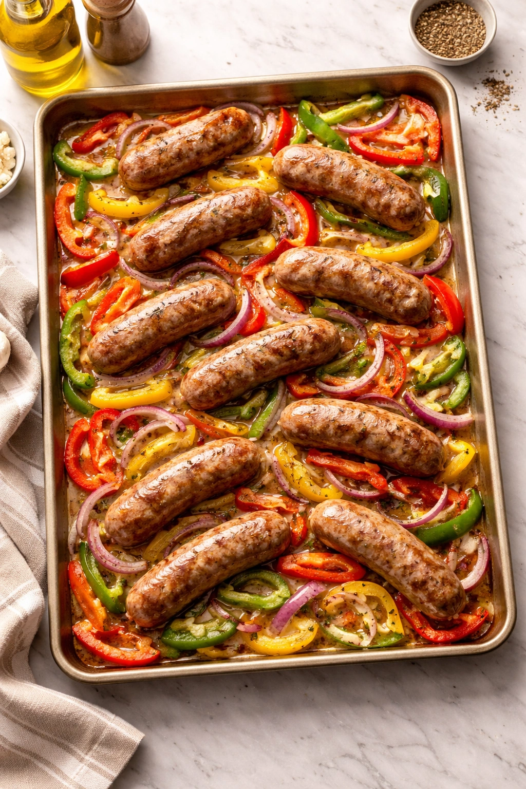 Sheet pan with sausages and peppers ready to roast on a kitchen counter