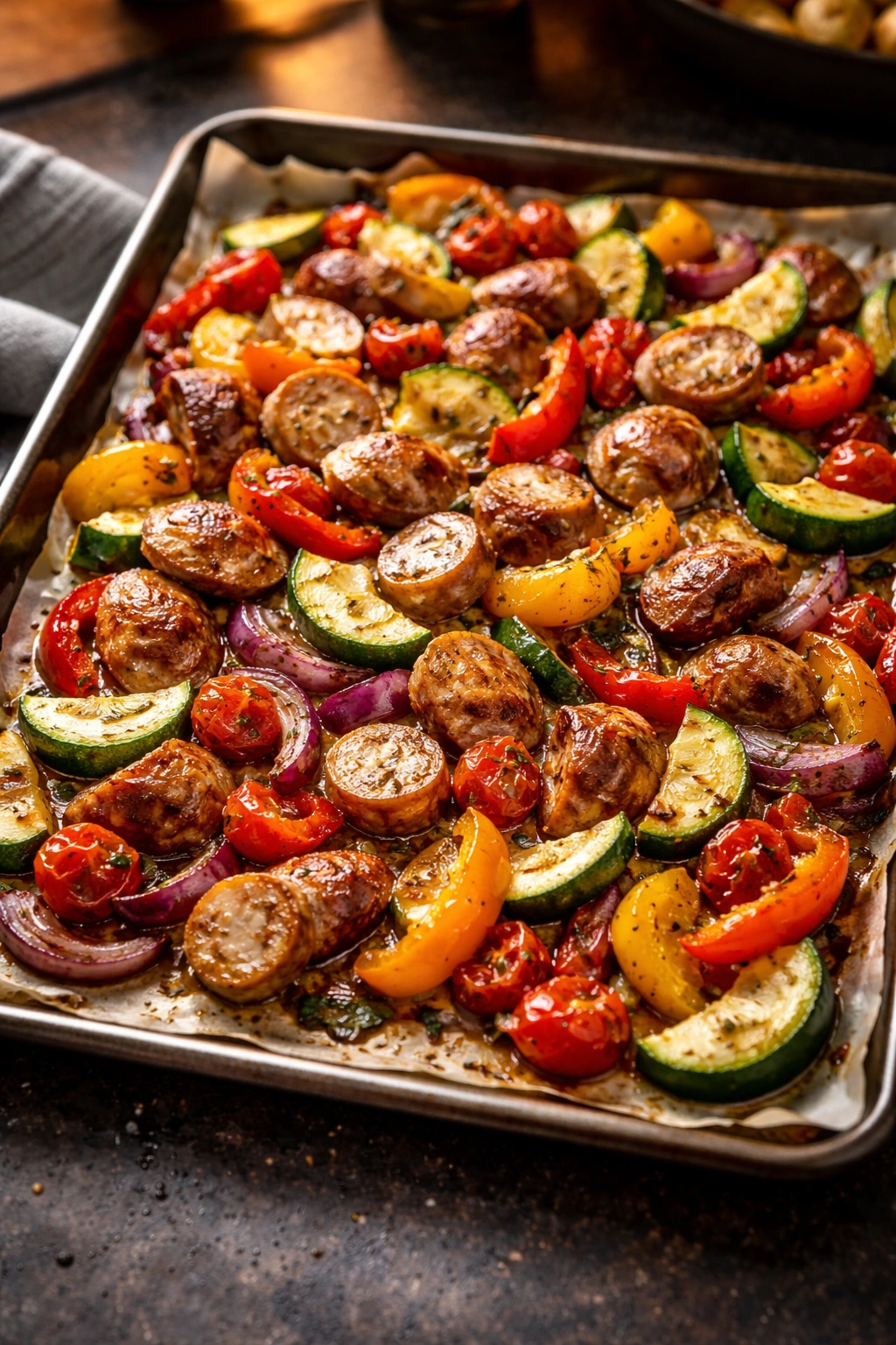 Sheet pan sausage and vegetables roasting with caramelized edges