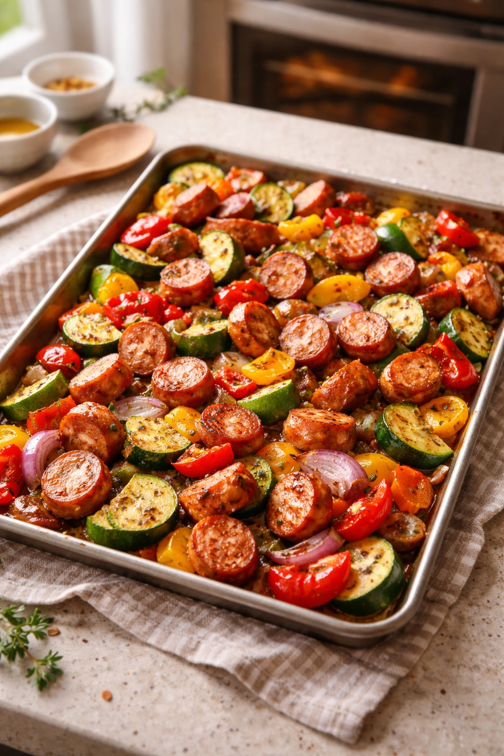 Close-up of a sheet pan with sausage and vegetables ready for roasting